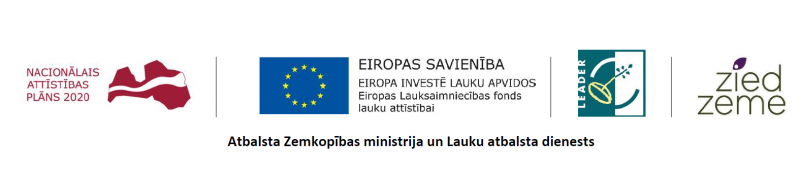 Logo ansamblis: Nacionālā attīstības plāna 2020 logo, Eiropas Savienības karogs, Leader logo un Zied zeme logo