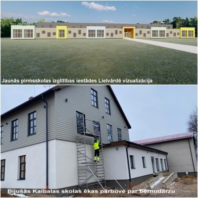 PII Lielvārde jaunbūve un Kaibalas skolas pārbūve kolāža 2024