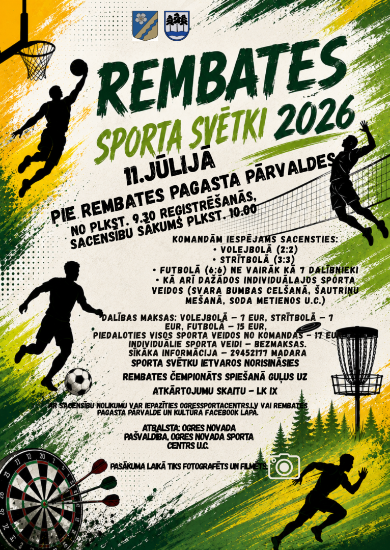 Rembates sporta svētki 2026 11. jūlijā no plkst. 9.30 Pie Rembates pagasta pārvaldes.