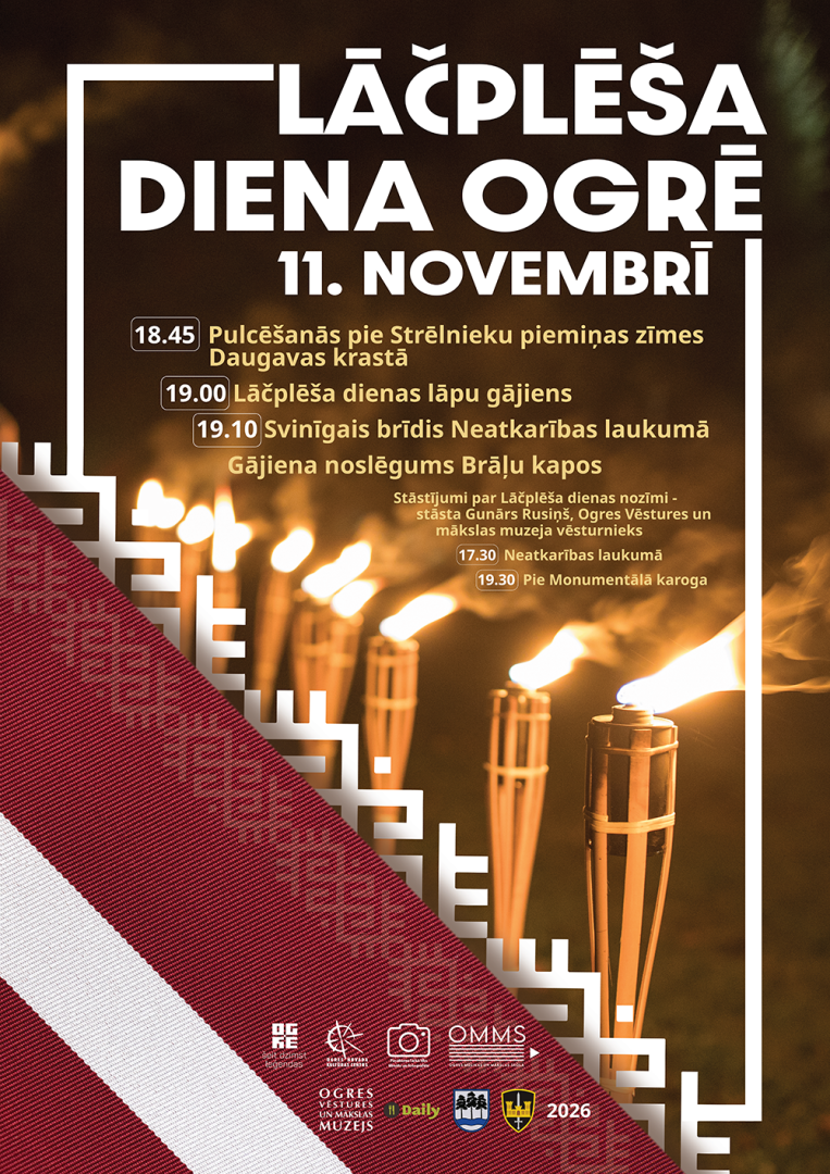 11. novembrī LĀČPLĒŠA DIENA OGRĒ  Stāstījumi par Lāčplēša dienas nozīmi, stāsta Gunārs Rusiņš, Ogres Vēstures un mākslas muzeja vēsturnieks:  17.30 Neatkarības laukumā  19.30 Pie Monumentālā karoga  18.45&nbsp; Pulcēšanās gājienam pie Strēlnieku piemiņas zīmes Daugavas krastā  19.00 Lāčplēša dienas lāpu gājiens  19.10 Svinīgais brīdis Neatkarības laukumā  Gājiena noslēgums Brāļu kapos.