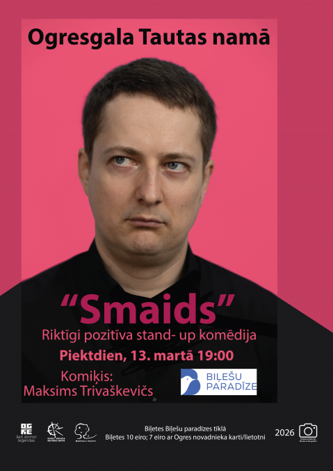 Afiša ar informāciju par pasākumu un Maksima Trivaškeviča fotoattēlu.