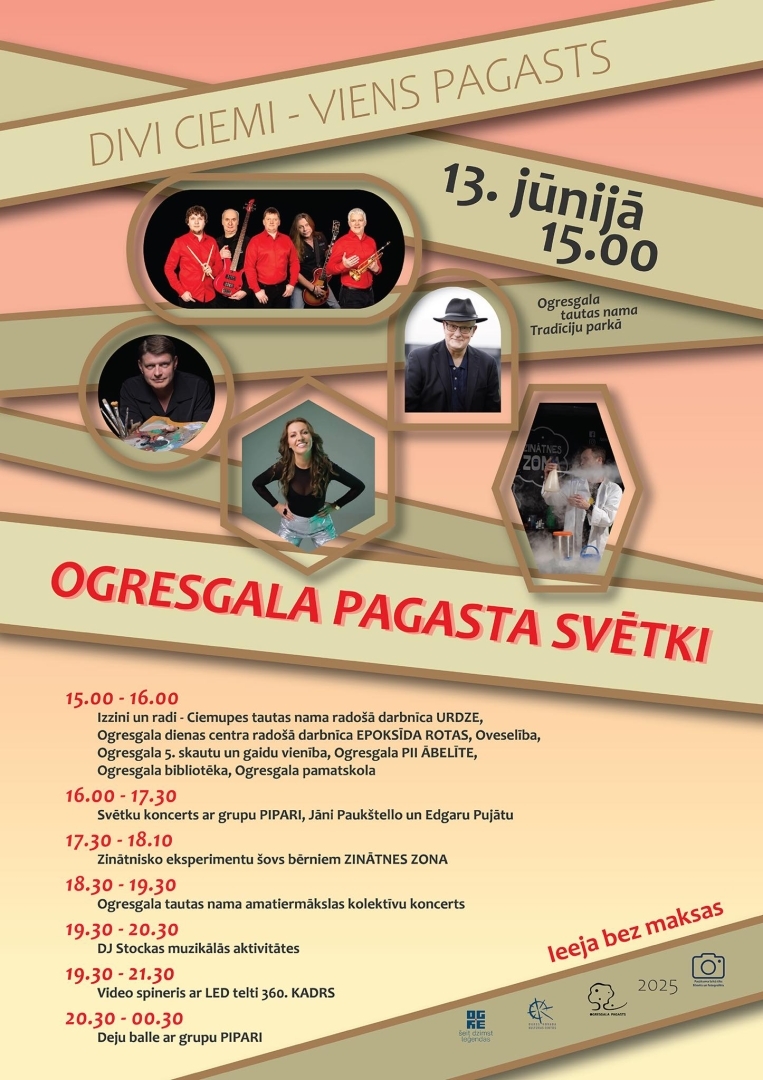 13. jūnijā plkst. 15.00 Ogresgala pagasta svētki  Svētku programma:&nbsp;&nbsp;   15.00-16.00 stendi ar aktivitātēm - Ciemupes tautas nama radošā darbnīca “Urdze”, Ogresgala dienas centra radošā darbnīca “Epoksīda rotas”, Oveselība, Ogresgala 5.skautu un gaidu vienība, Ogresgala PII “Ābelīte”, Ogresgala bibliotēka, Ogresgala pamatskola&nbsp;   16.00-17.30 Svētku koncerts ar grupu “Pipari”, Jāni Paukštello un Edgaru Pujātu  17.30-18.10 Zinātnisko eksperimentu šovs bērniem “Zinātnes zona”  18.10-19.30 Ogresgala tautas nama 
