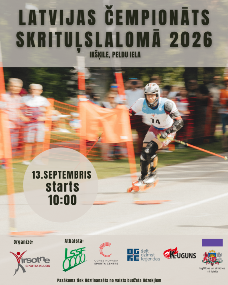Latvijas čempionāts skrituļslalomā 2026 Ikšķilē 13.septembrī. Starts plkst. 10.00