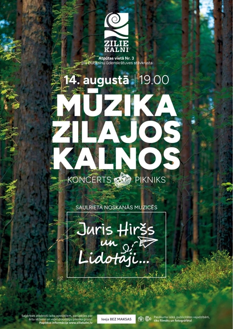 Afiša ar informāciju par pasākumu "Mūzika Zilajos kalnos" 14. augustā plkst. 19.00, fona attēlā - Ogres Zilo kalnu priežu mežs