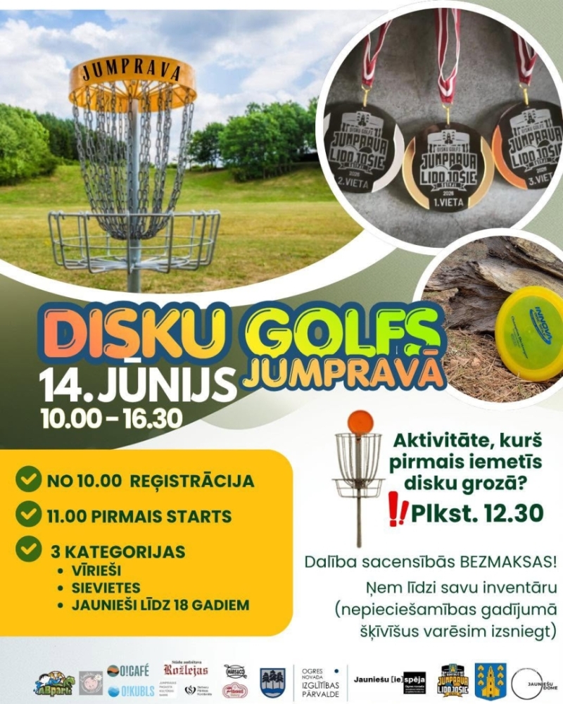 14. jūnijā plkst. 10.00 Jumpravas pagasta estrādes teritorijā disku golfa sacensības.  Reģistrācija no plkst. 10.00  Pirmais starts plkst. 11.00  3 kategorijas: vīrieši, sievietes un jaunieši līdz 18 gadiem.