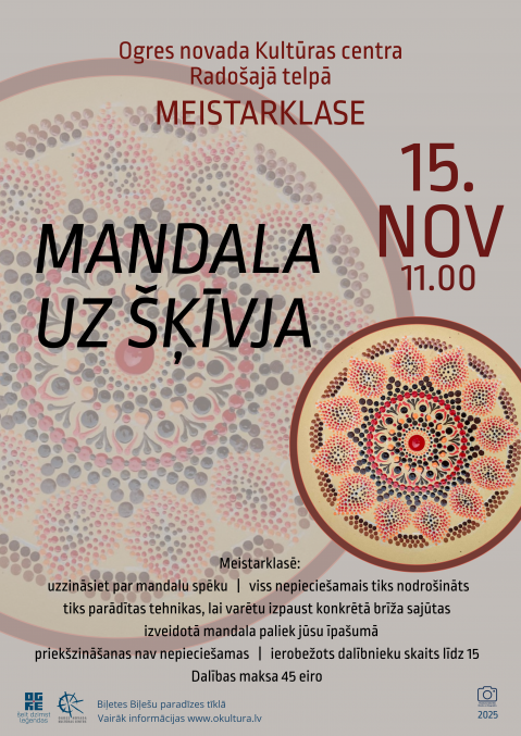 Ogres novada Kultūras centra Radošajā telpā meistarklase MANDALA UZ ŠĶĪVJA 15. novembrī plkst. 11.00 