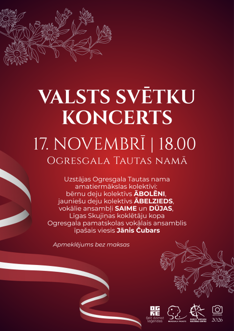 17. novembrī plkst. 18.00 Ogresgala Tautas namā  VALSTS SVĒTKU KONCERTS Uzstājas Ogresgala Tautas nama amatiermākslas kolektīvi:  bērnu deju kolektīvs ĀBOLĒNI,  jauniešu deju kolektīvs ĀBELZIEDS,  vokālie ansambļi SAIME un DŪJAS,  Līgas Skujiņas koklētāju kopa Ogresgala pamatskolas vokālais ansamblis īpašais viesis Jānis Čubars  Apmeklējums bez maksas