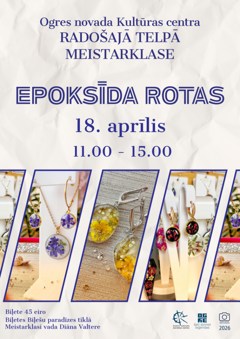 18. aprīlis 11.00-15.00 Radošā telpa Meistarklase “Epoksīda rotas” (maksimālais dalībnieku skaits 10) Vadīs Diāna Valtere Hei, vai vēlies izmēģināt sevi kā mākslinieci/-ku? Tas būs interesanti un Tev noteikti izdosies! Aicinu Tevi uz epoksīda rotu meistarklasi ar dabīgajiem augiem, kurā pastāstīšu visu, ko zinu par augu sagatavošanu iemūžināšanai rotās, gan arī par tapšanas procesu. Strādāsim ar UV epoksīdu, līdz ar to pie savām 4 rotām (vai auskaru komplektiem) varēsi tikt jau meistarklases laikā. Nodrošin