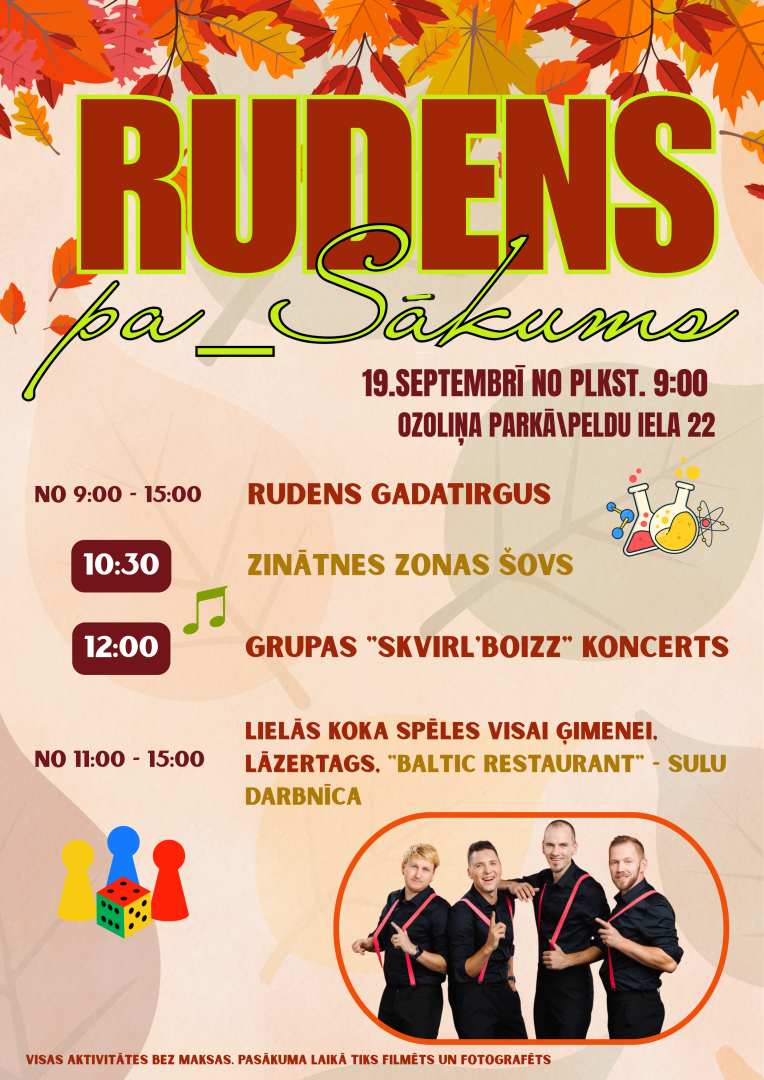 19. septembrī no plkst. 9.00 tiekamies Rudens gadatirgū Ozoliņu parkā \Peldu ielā 22.