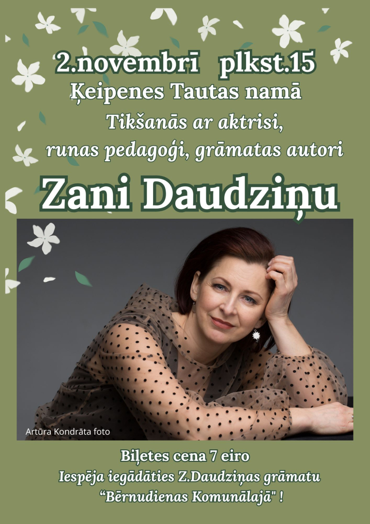 Afiša tikšanās ar aktrisi, runas pedagoģi, grāmatas autori - Zani Daudziņu. Attēlā aktrise Zane Daudziņa