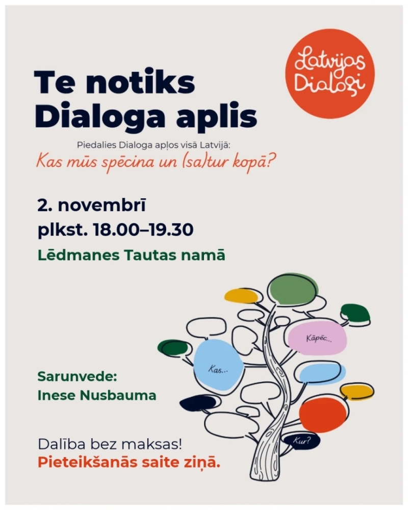 Šoruden visā Latvijā norisinās iniciatīva “Latvijas Dialogi”, kuras laikā cilvēki dažādās Latvijas vietās satiekas, lai sarunātos par vienu kopīgu jautājumu: “Kas mūs spēcina un (sa)tur kopā?”  Kas mums palīdz turēties, kad ir grūti? Kur rodam spēku? Kas mūs vieno un palīdz būt kopā ar citiem?  Arī Lēdmanē aicinām satikties un kopīgi par to parunāt!  2. novembrī plkst. 18.00–19.30 Lēdmanes Tautas namā.