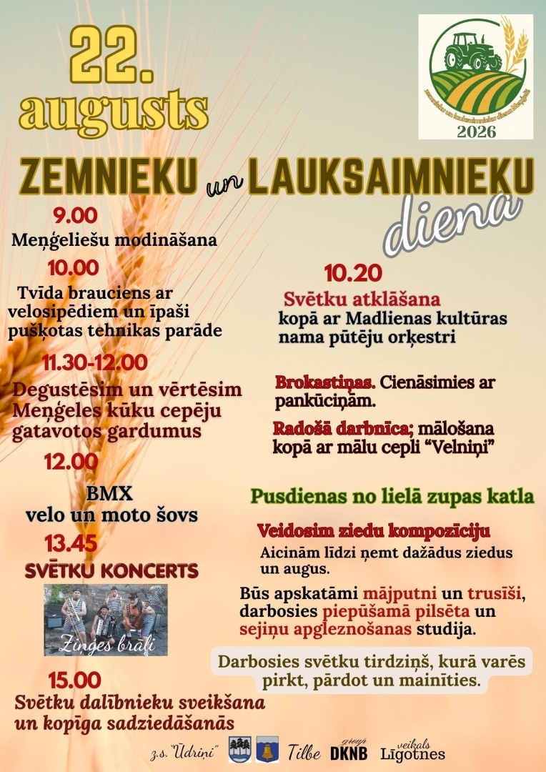Afiša ar informāciju par pasākumu "Zemnieku un lauksaimnieku diena" Meņģelē 22. augustā