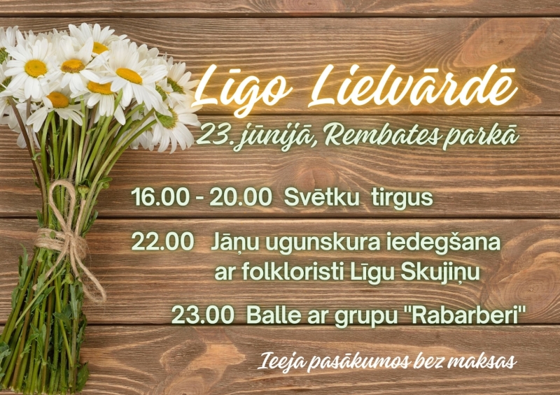 23. jūnijā ikviens aicināts uz Līgo svētku svinēšanu Lielvārdē.  No plkst. 16.00 līdz 20.00 apmeklētājus priecēs svētku tirdziņš, kur būs iespēja iegādāties gardumus, amatnieku darinājumus un sajust īstu vasaras saulgriežu noskaņu.  Vakara turpinājumā plkst. 22.00 kopīgi iedegsim Jāņu ugunskuru kopā ar folkloristi Līgu Skujiņu.  Savukārt no plkst. 23.00 lustīgu zaļumballi spēlēs grupa “Rabarberi”, aicinot ikvienu dejot līdz pat rīta gaismai.  Ieeja pasākumos bez maksas