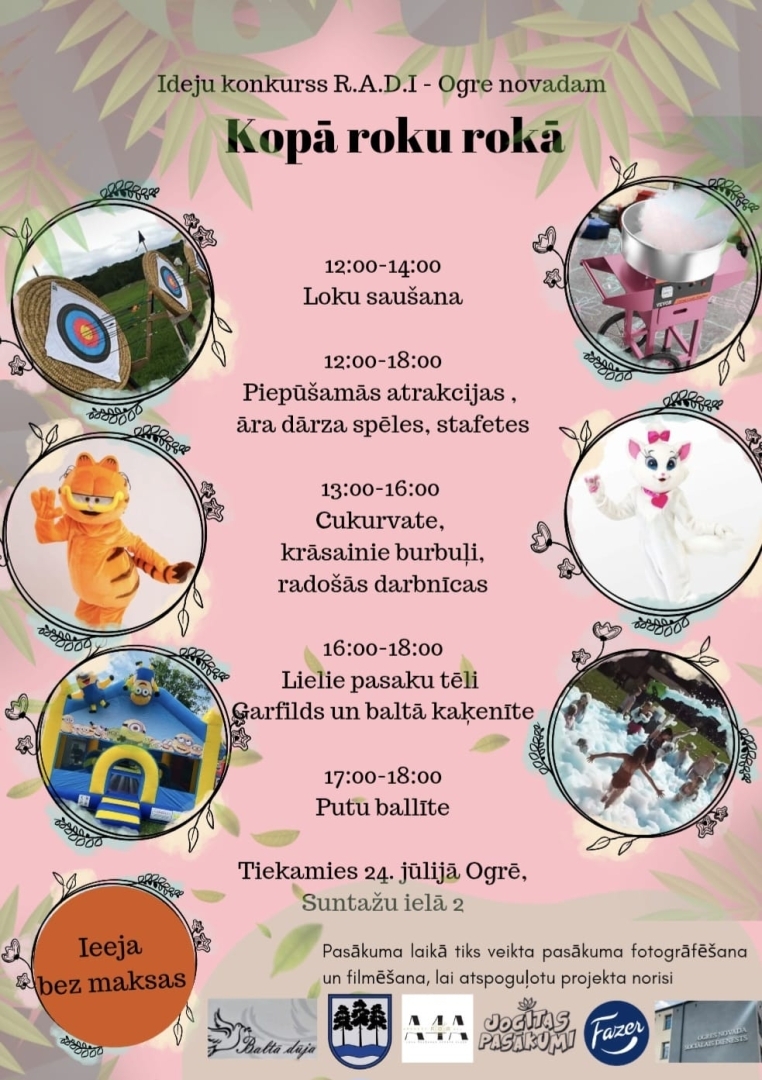24. jūlijā tiekamies Ogrē uz ģimenisku, prieka un piedzīvojumu pilnu dienu!   Aicinām lielus un mazus uz pasākumu “Kopā roku rokā”, kur ikviens atradīs sev ko aizraujošu!    Programma:   12.00–14.00 – loku šaušana   12.00–18.00 – piepūšamās atrakcijas, āra spēles un stafetes   13.00–16.00 – cukurvate, krāsainie burbuļi un radošās darbnīcas   16.00–18.00 – tikšanās ar lielajiem pasaku tēliem – Garfīldu un Balto kaķenīti   17.00–18.00 – lielā putu ballīte!  Kur? Suntažu ielā 2, Ogre  Kad? 24. jūlijā  Ieeja – 