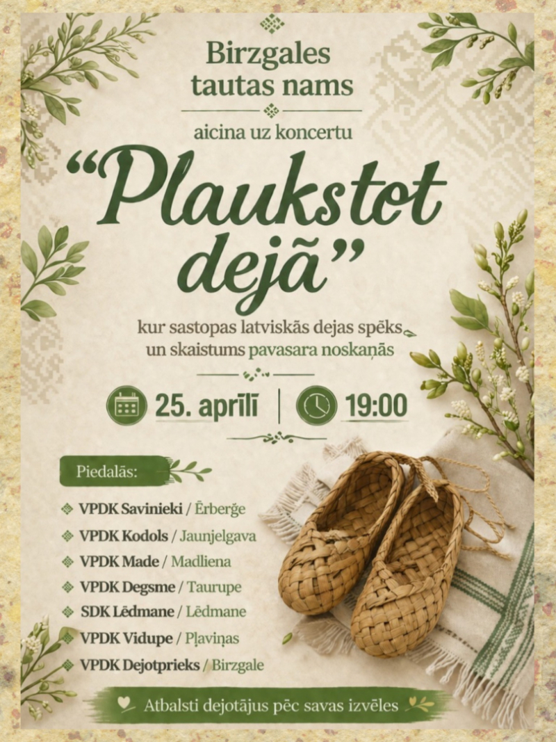 25. aprīlī plkst. 19.00  Birzgales Tautas namā Deju kolektīvu sadancis  "Plaukstot dejā"  Piedalās: VPDK Savinieki VPDK Kodols VPDK Made VPDK Vidupe VPDK Dejotprieks