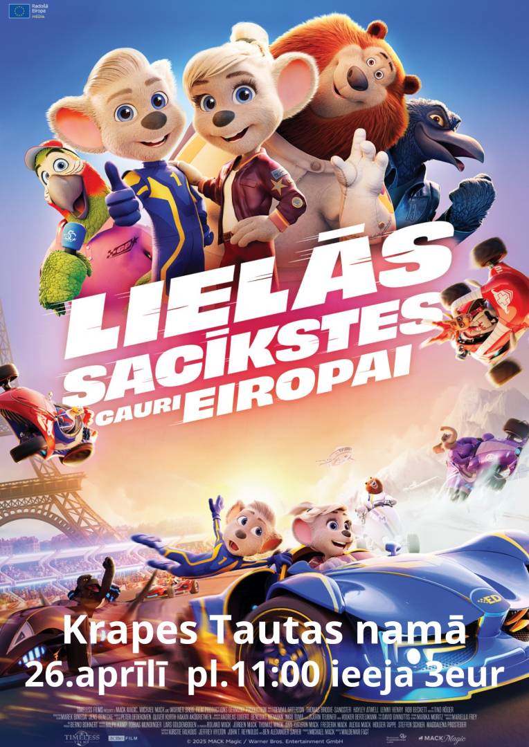 26. aprīlī plkst. 11.00 Krapes Tautas namā animācijas filma “Lielās sacīkstes cauri Eiropai”  Biļetes cena 3 eiro