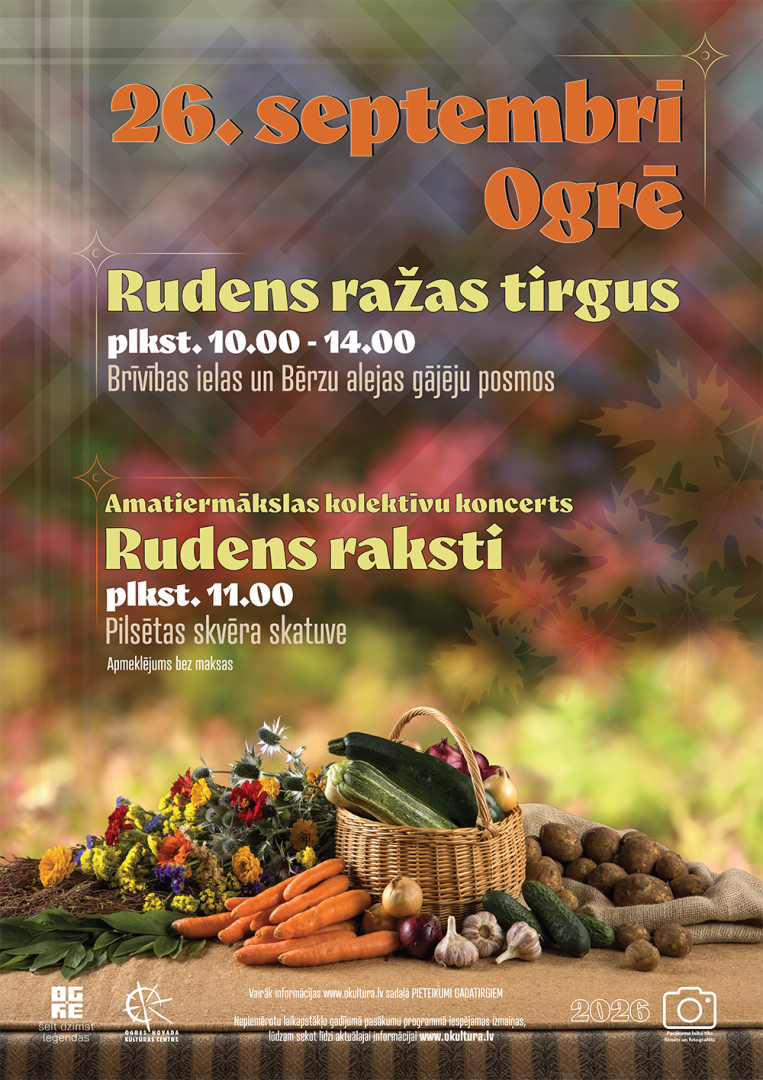26. septembrī no plkst. 10.00 līdz 14.00 Brīvības ielas gājēju posmā un Bērzu alejā RUDENS RAŽAS TIRGUS. Plkst. 11.00 uz Pilsētas skvēra skatuves amatiermākslas kolektīvu koncerts RUDENS RAKSTI.