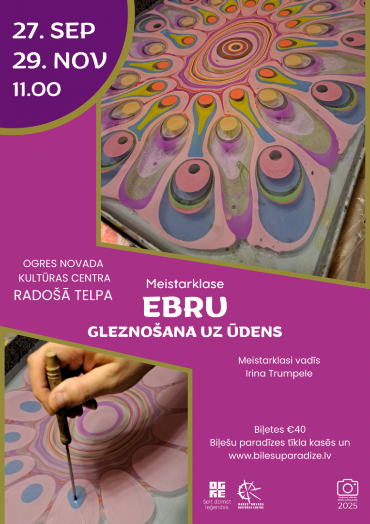Koša afiša neistarklasei - zīmēšana uz ūdens jeb ebru ar šajā tehnikā tapušiem darbiem