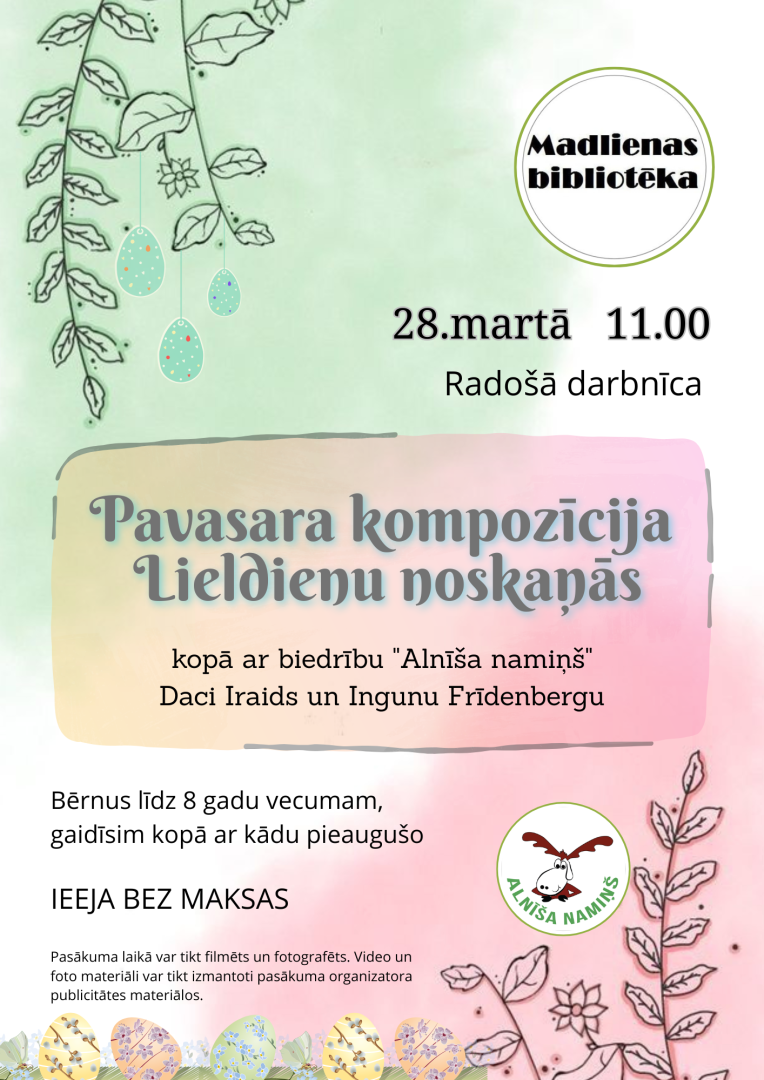 Fiša pavasarīgos pasteļtoņos ar augiem un krāsainām Lieldienu olām