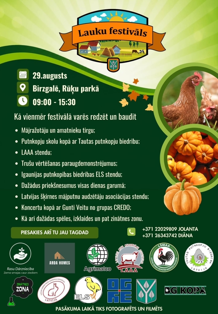 Afiša par pasākumu "Lauku festivāls" 29. augustā no 9.00 līdz 15.30 Rūķu parkā, Birzgalē