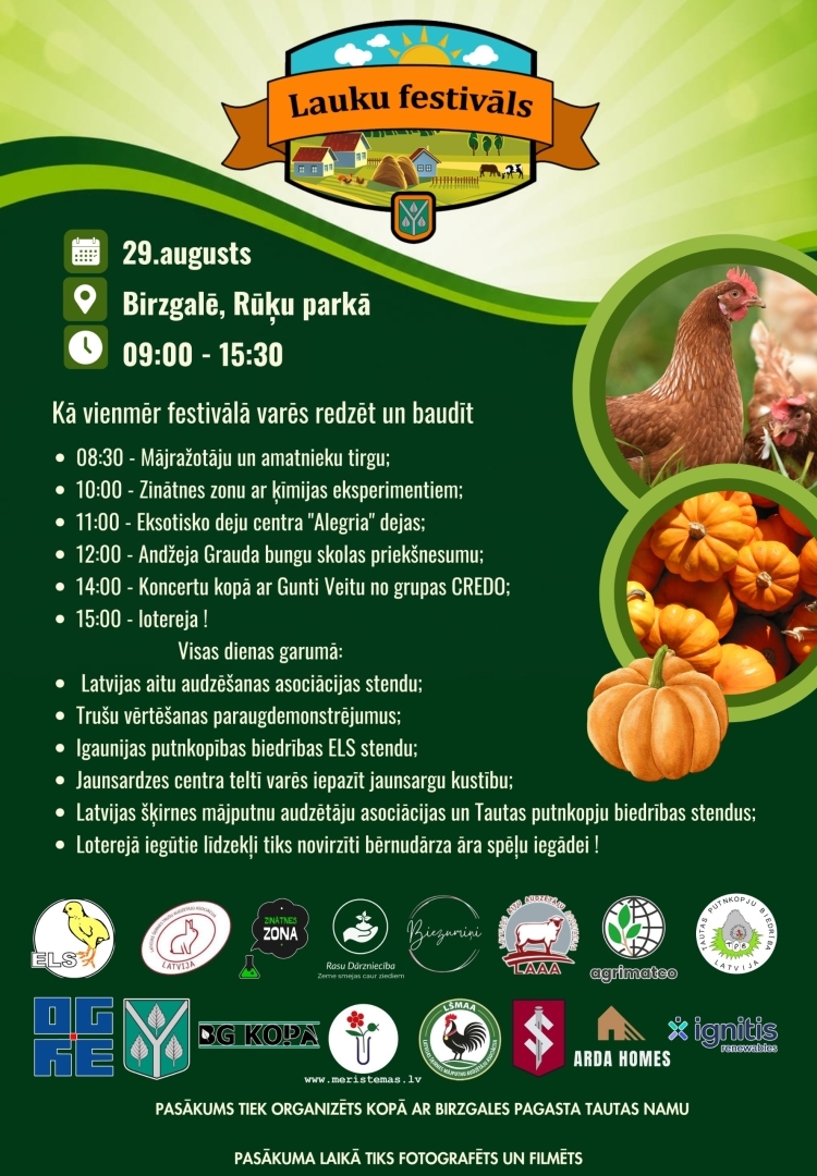 Afiša par pasākumu "Lauku festivāls" 29. augustā no 9.00 līdz 15.30 Rūķu parkā, Birzgalē