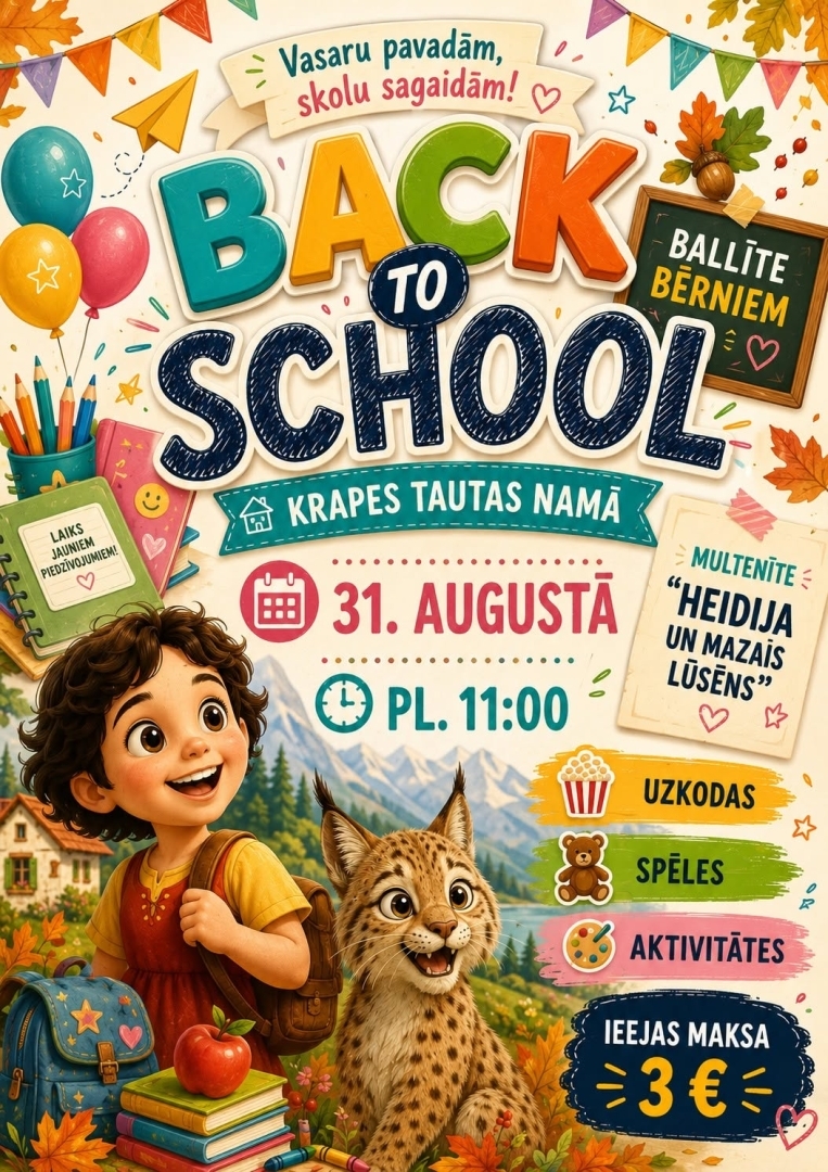 Afisā par pasākumu “Back to school” 31. augustā  plkst. 11.00 Krapes Tautas namā