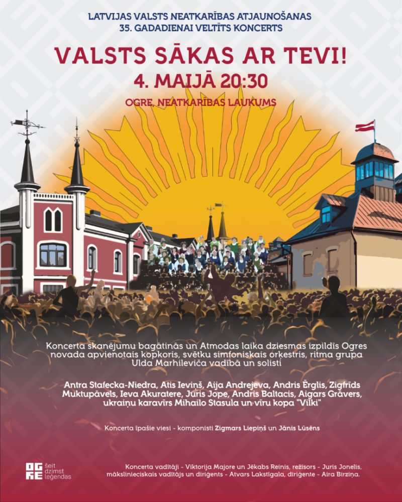 Latvijas Republikas Neatkarības atjaunošanas dienai un Netakarības laukuma atklāšanai veltīts koncerts "Valsts sākas ar Tevi" 4. maijā plkst. 20.30