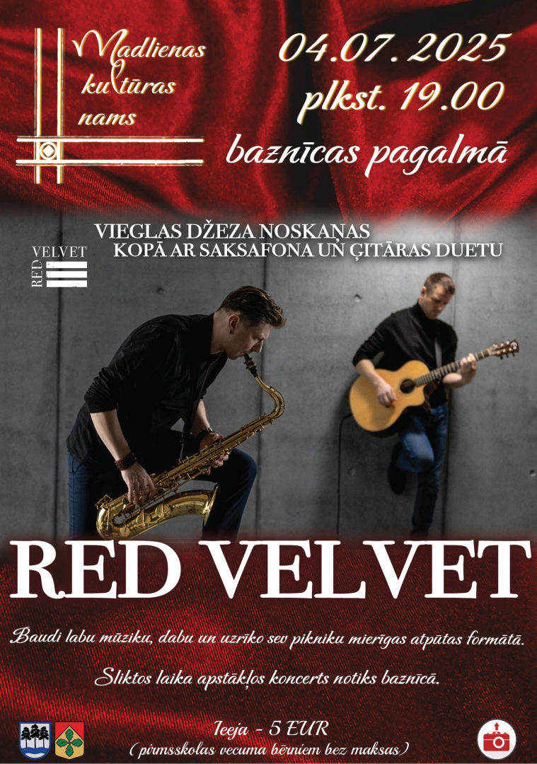 4. jūlijā plkst. 19.00  Madlienas ev. lut. baznīcas pagalmā vieglas džeza noskaņas kopā ar saksafona un ģitāras duetu Red Velvet. Sliktos laikapstākļos koncerts notiks baznīcā. Biļetes 5 eiro