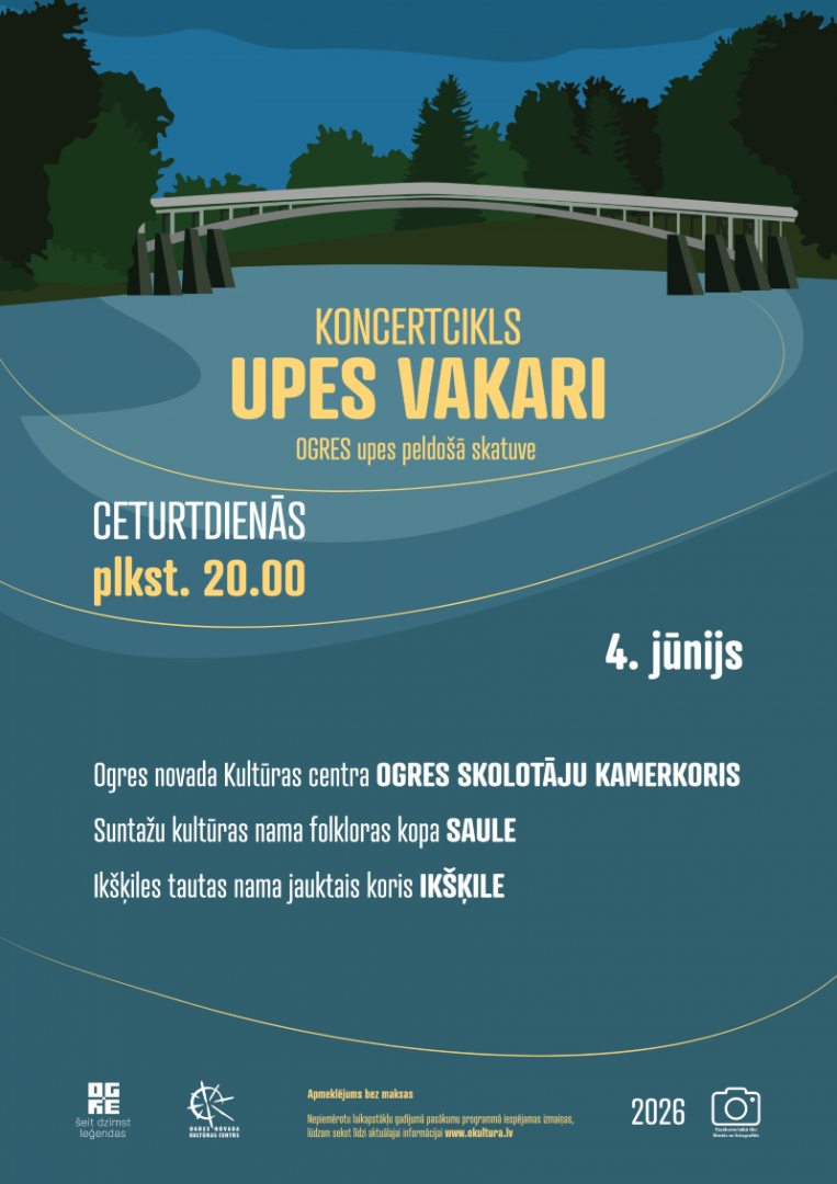 4. jūnijā plkst. 20.00 uz Ogres upes peldošās skatuves Ogres novada Kultūras centra OGRES SKOLOTĀJU KAMERKORIS; Suntažu kultūras nama folkloras kopa SAULE; Ikšķiles tautas nama jauktais koris IKŠĶILE.  Pasākums tiks filmēts un fotografēts. Iegūtais materiāls tiks izmantots publicitātes vajadzībām.