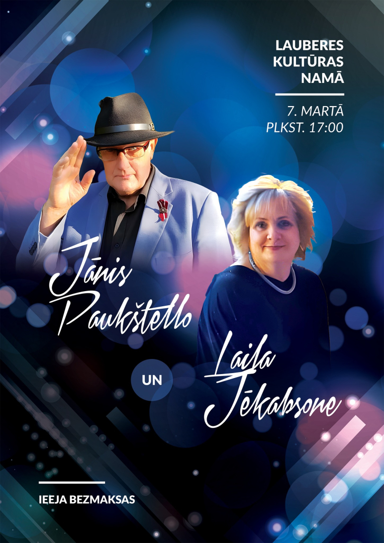 Afiša ar informāciju par pasākumu un Jāņa Paukštello un Lailas Jēkabsones attēliem