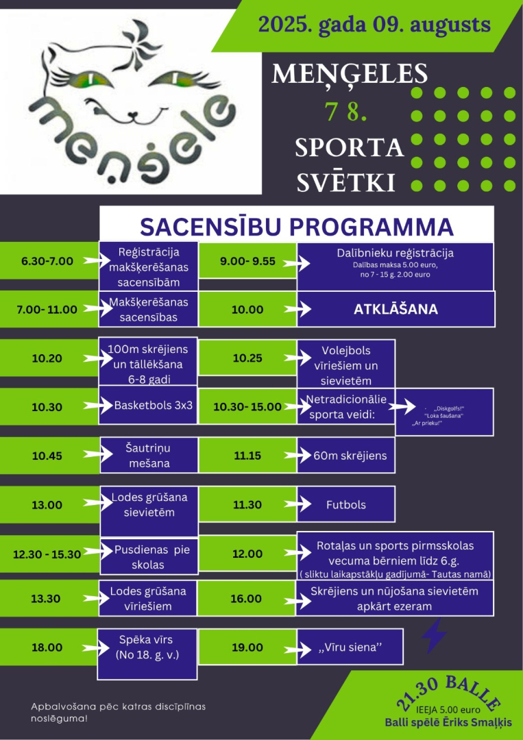 Meņģeles 78. sporta svētki 9. augustā - afiša ar notikumu sarakstu