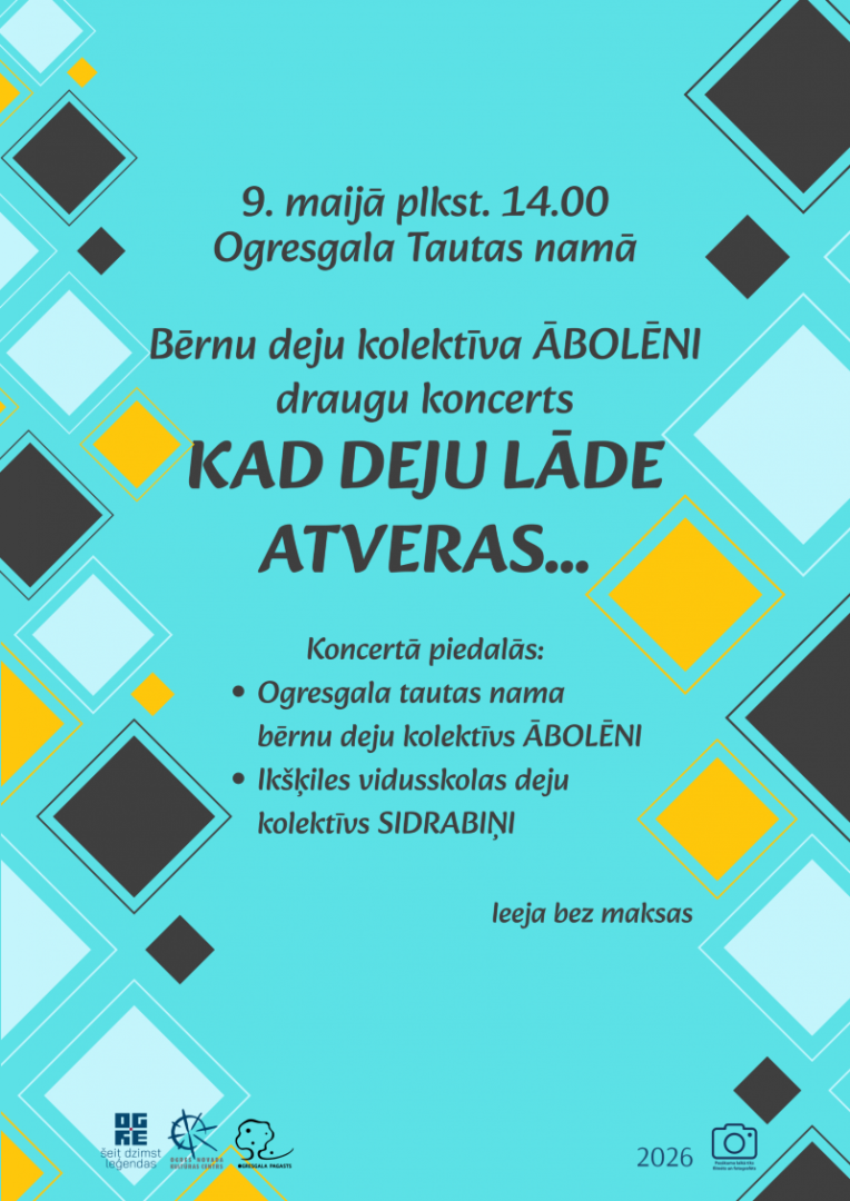 9. maijā plkst. 14:00 Ogresgala tautas namā BDK Ābolēni draugu koncerts “Kad deju lāde atveras…” Koncertā piedalās Ogresgala tautas nama BDK “Ābolēni” un Ikšķiles vidusskolas DK “Sidrabiņi” Ieeja bez maksas
