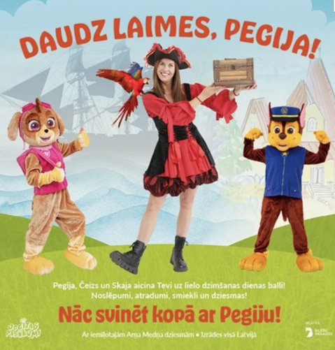 Afiša ar informāciju par pasākumu, tekstu "Nāc svinēt kopā ar Pegiju!" un izrādes tēliem - Pegiju, Skaju un Čeizu