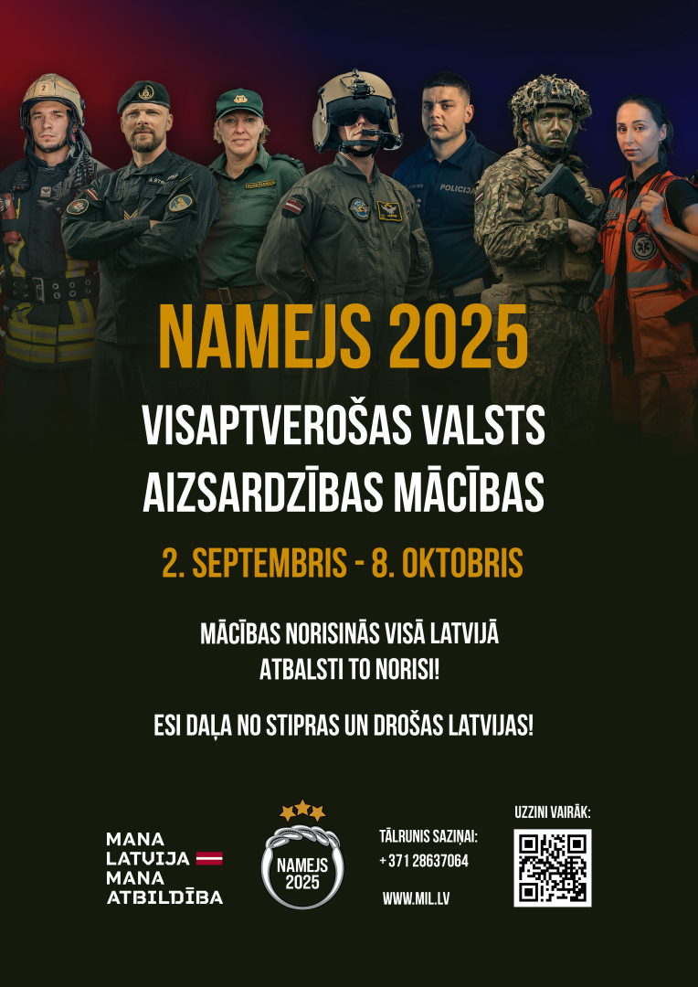 Latvijā norisināsies visaptverošas valsts aizsardzības mācības “Namejs 2025”. Attēlā karavīri un citu dienestu darbinieki formas tērpos