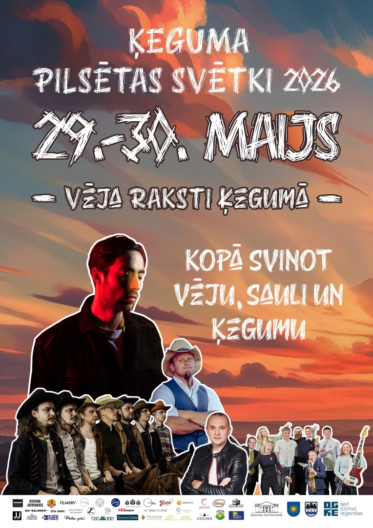 Ķeguma pilsētas svētku 2026 "Vēja raksti Ķegumā" afiša. Uz afišas svētku koncerta dalībnieki - Fiņķis, Lustīgais blūmīzers, grupa "Velkam" un citi.
