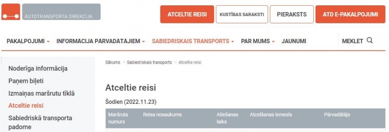 Autotransporta direkcijas mājaslapas fragments.