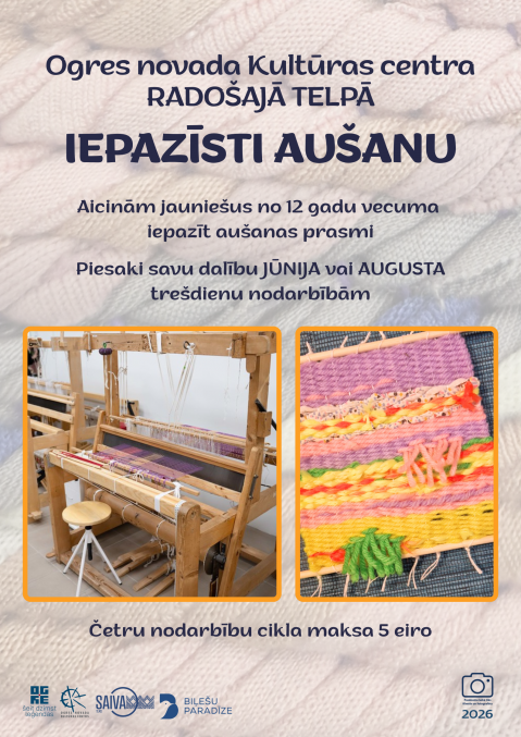 Meistarklase "Iepazīsti aušanu" bērniem un jauniešiem no 12 gadu vecuma. 4 nodarbību cikls no 5. augusta trešdienās. Maksa par visām nodarbībām - 5 eiro.