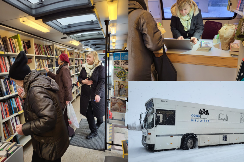 Ogres Centrālās bibliotēkas bibliobusa kolāža-cilvēki pēta grāmatas