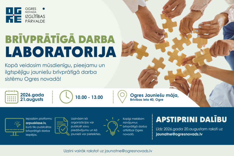Afiša par pasākumu "Brīvprātīgā darba laboratorija" 21. augustā Ogres Jauniešu mājā