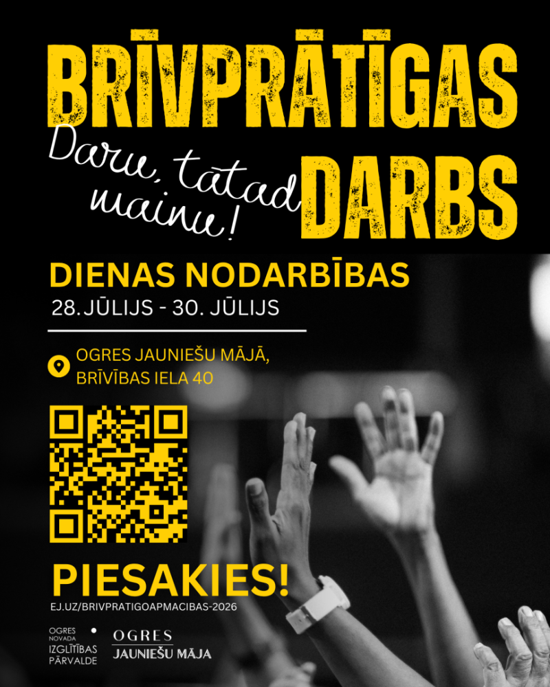 No 2026. gada 28. līdz 30. jūlijam Ogres Jauniešu mājā norisināsies bezmaksas dienas nodarbības jauniešiem "Brīvprātīgais darbs – daru, tātad mainu!", kuru mērķis ir veicināt jauniešu izpratni par brīvprātīgā darba nozīmi, attīstīt līderības, sadarbības un komunikācijas prasmes, kā arī iedrošināt kļūt par aktīviem savas kopienas veidotājiem.