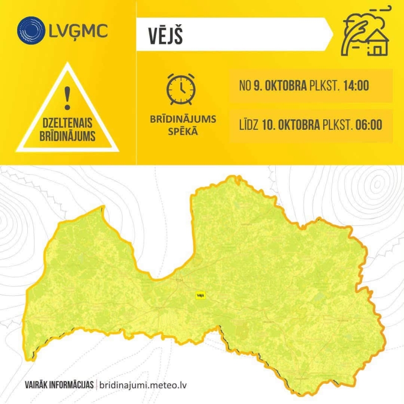 Latvijas Vides, ģeoloģijas un meteoroloģijas centrs informē, ka Latvijai no rietumiem tuvojas plašs ciklons, kas tuvākajās diennaktīs ievērojami pastiprināsies. Tā ietekmē piektdien visā Latvijā gaidāmas spēcīgas vēja brāzmas.
