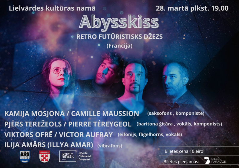 28. martā plkst. 19.00 Lielvārdes kultūras centrā grupas ABYSSKISS (Francija) koncerts. Biļetes cena 10 eiro 