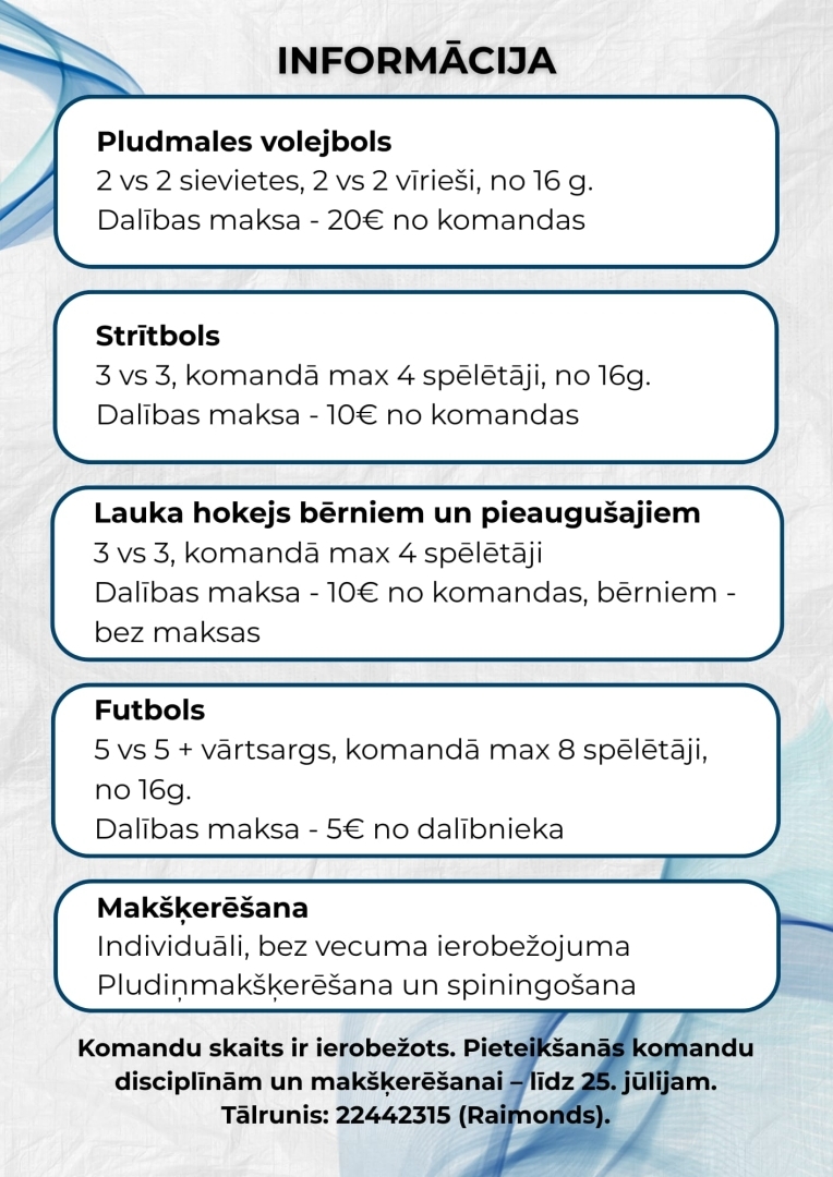 Aicinām ikvienu piedalīties sportiskā un aktīvā dienā "Sporta Bums Tīnūžos 2026". Pasākuma laikā būs iespēja piedalīties gan individuālās aktivitātēs, gan komandu sacensībās, kā arī baudīt dažādas izklaides visai ģimenei.  No plkst. 11.00 līdz 16.00 ikvienam bez maksas būs pieejamas dažādas sportiskas un izklaidējošas aktivitātes