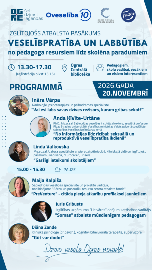 0. novembrī Ogres Centrālajā bibliotēkā&nbsp;aicinām pavadīt izzinošu pēcpusdienu, kas veltīta veselībpratībai, emocionālajai labbūtībai un veselīgu paradumu veidošanai gan pašu, gan bērnu un jauniešu ikdienā.