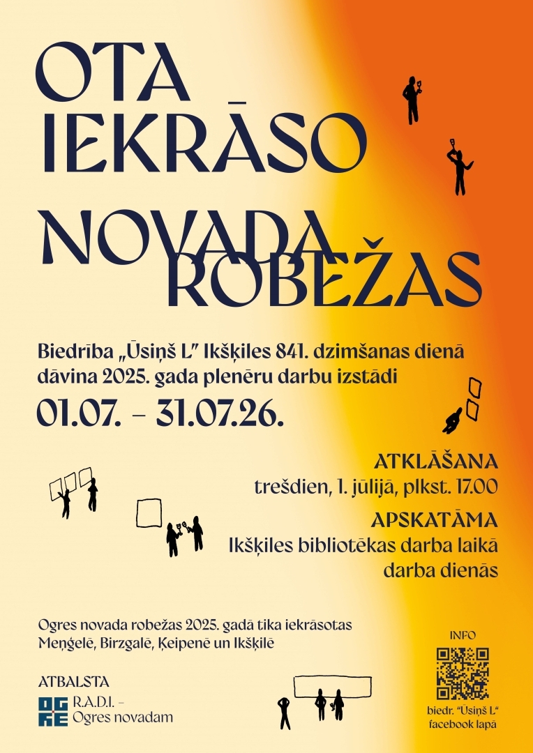 Biedrība „Ūsiņš L” aicina ikvienu interesentu uz 2025. gada mākslas plenēros tapušo darbu izstādi „OTA IEKRĀSO NOVADA ROBEŽAS”, kas šovasar līdz 31. jūlijam būs apskatāma Ikšķiles daudzfunkcionālā centra izstāžu zālē, Skolas ielā 4.