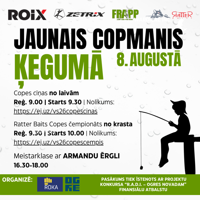 Afiša ar informāciju par pasākumu "Jaunais copmanis Ķegumā" 8. augustā 