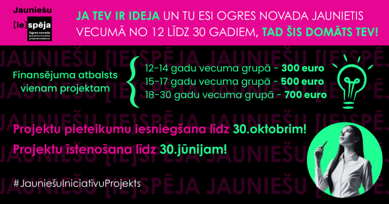 Ogres novada Izglītības pārvalde izsludina pieteikšanos jauniešu iniciatīvu projektu konkursam “Jauniešu [ie]spēja”, aicinot Ogres novada jauniešus īstenot savas idejas un radīt pozitīvas pārmaiņas savā skolā, pilsētā, pagastā vai kopienā.