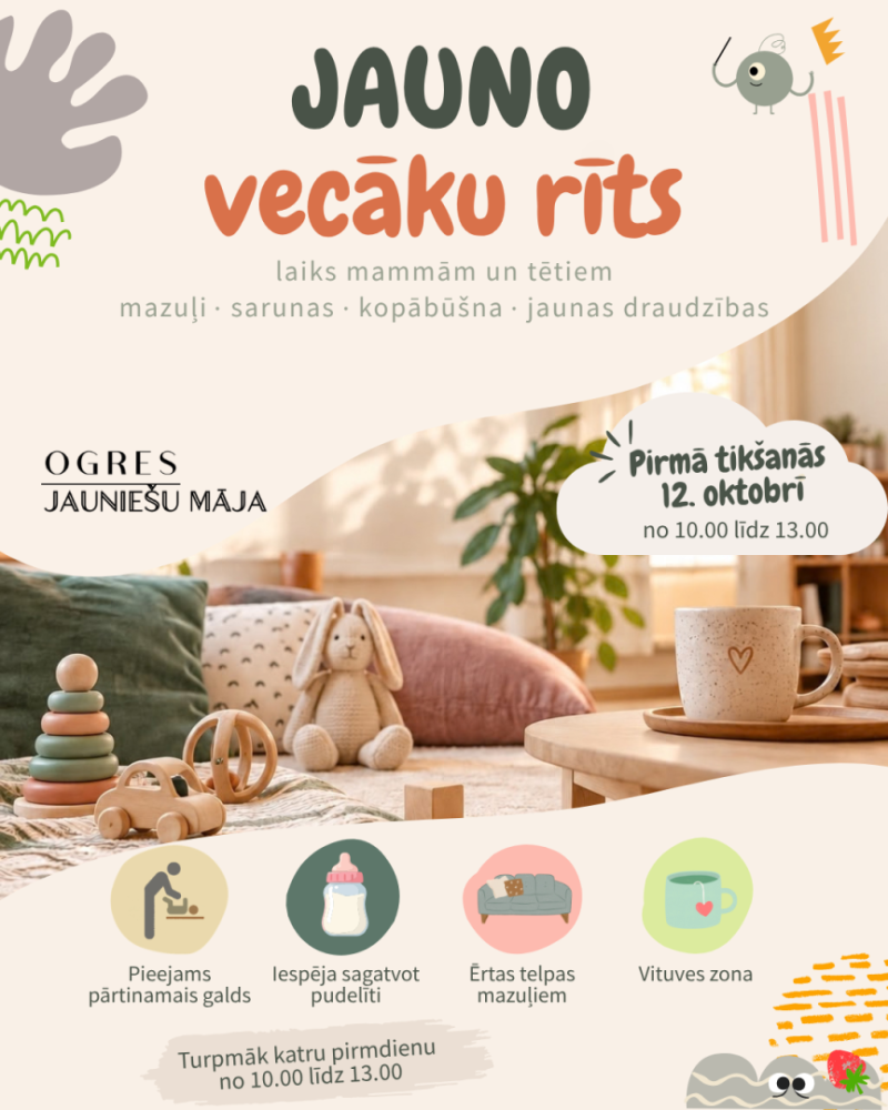 No 12. oktobra Ogres Jauniešu māja pirmdienu rītos atvērs durvis mammām un tētiem ar mazuļiem, dodot iespēju satikties, iepazīties un pavadīt laiku kopā. Jauno vecāku rīti notiks katru pirmdienu no plkst. 10.00 līdz 13.00.