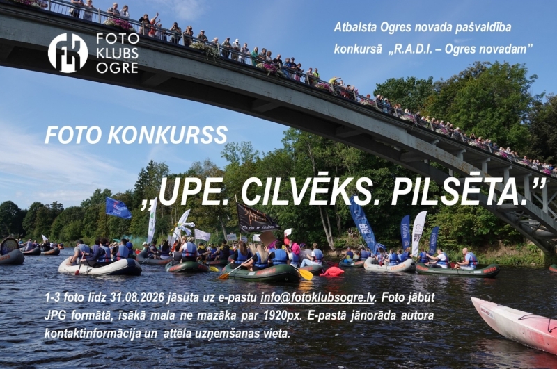 Foto klubs “Ogre” aicina piedalīties foto konkursā “Upe. Cilvēks. Pilsēta”!  Fotogrāfijas līdz 31.augustam plkst. 24.00 jāsūta uz e-pastu info@fotoklubsogre.lv. Viens dalībnieks var iesniegt līdz 3 fotogrāfijām, kas uzņemtas pēdējo 5 gadu laikā. Foto jābūt JPG formātā, īsākā mala ne mazāka par 1920px. E-pastā jānorāda autora kontaktinformācija un  attēla uzņemšanas vieta. 