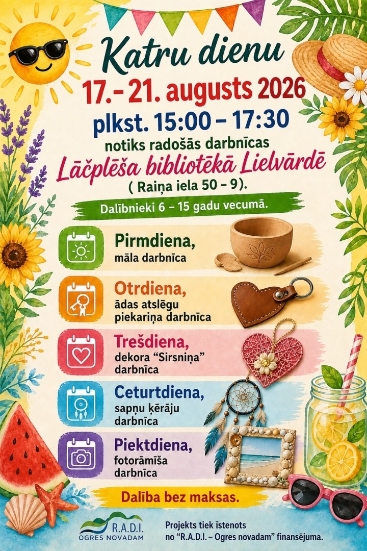 Afiša ar informāciju par radošajām darbnīcām Lielvārdes bibliotēkā